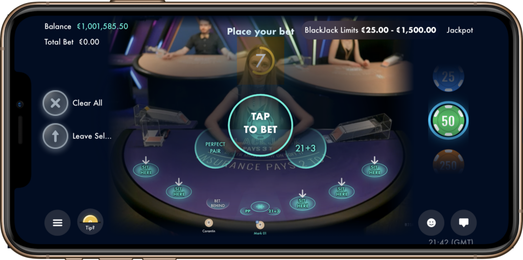 LuckyStreak mobile Blackjack bet selection