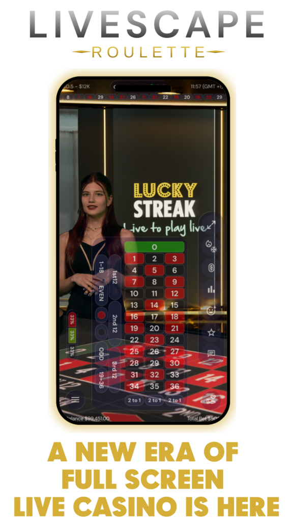 Livescape full-screen live roulette displayed on two portrait mobile screens with a premium glass-style interface